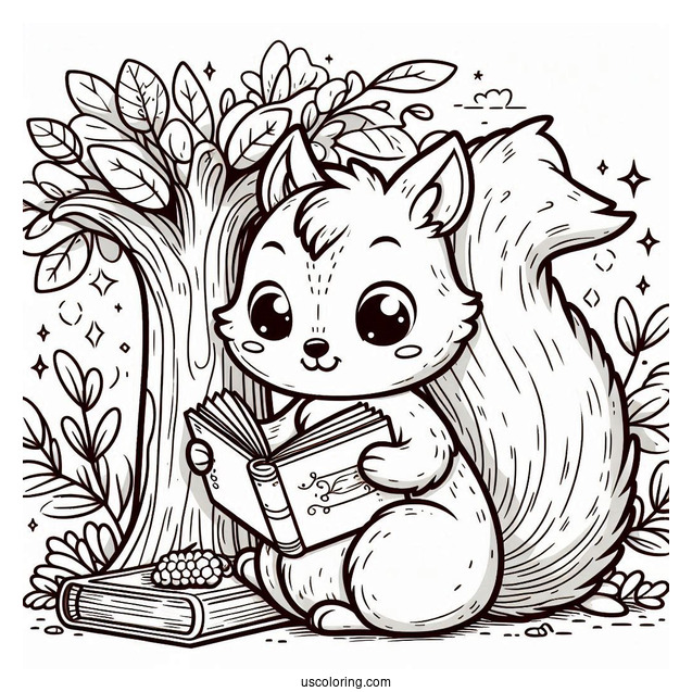 Cute Squirrel Coloring Page Reading Book On Top Of Tree