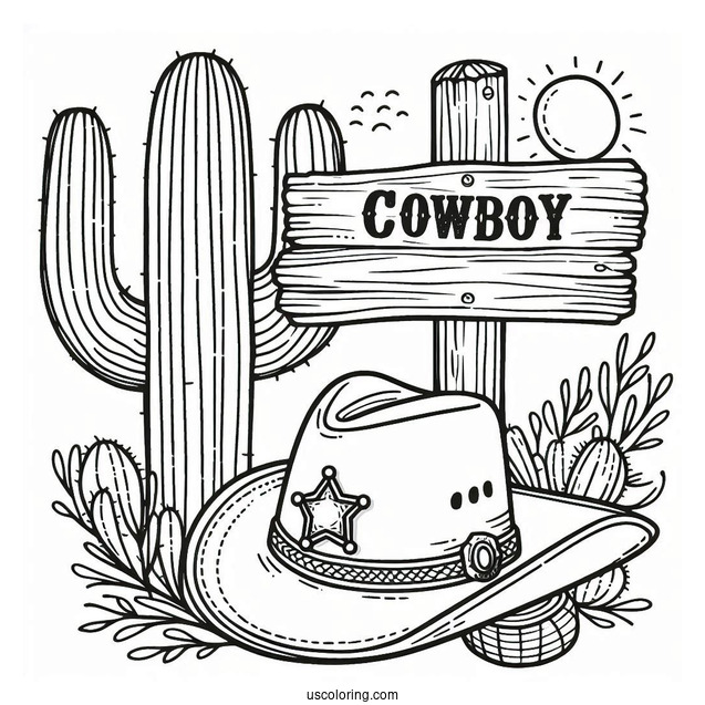 Cowboy Coloring Page Hat, Sheriff s Badge, Cactus, And Wooden Road Sign