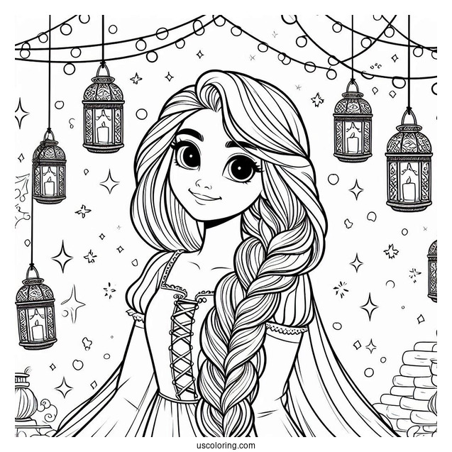 Princess Coloring Page Of Tangled Princess Rapunzel With Lanterns In Background
