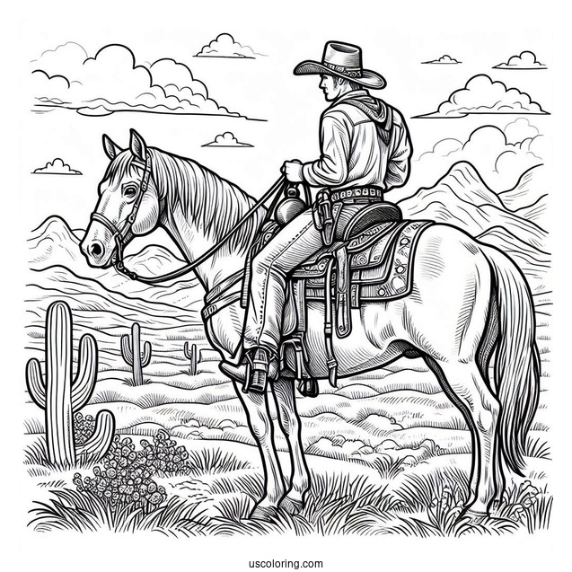 Detailed Cowboy Coloring Page And Horse In Desert