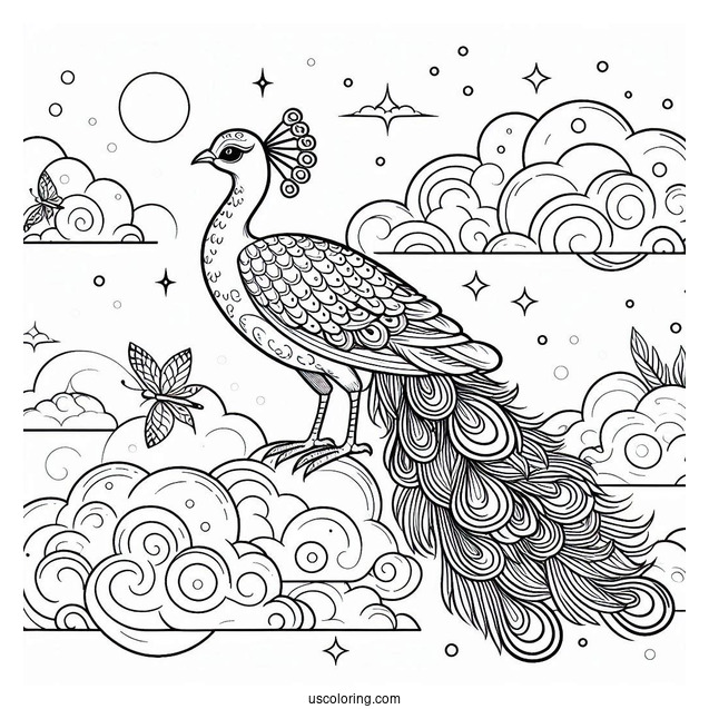 Peacock Coloring Page and Bird Under Cloudy Sky For Kids