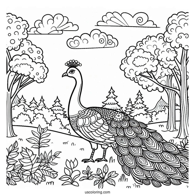 Majestic Peacock Coloring Page in Forest Landscape with Trees and Clouds
