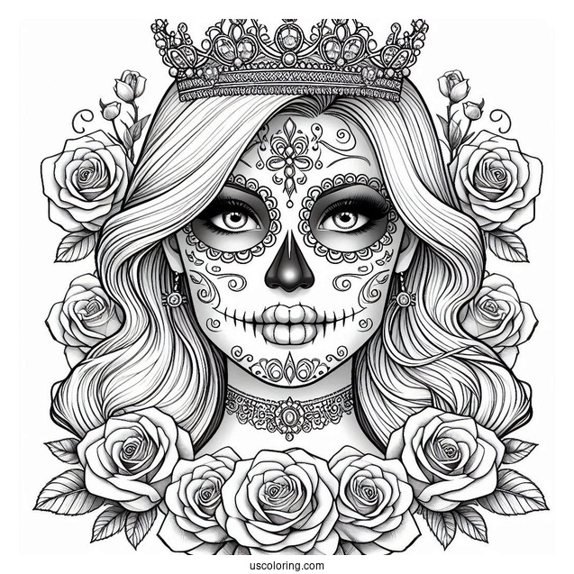 Realistic Sugar Skulls Coloring Page Costume With Tiara And Rose Wreath