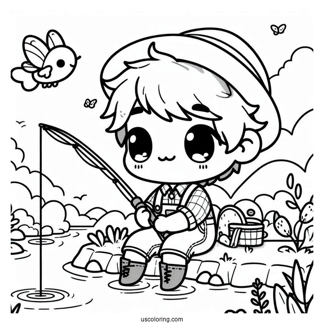 Kawaii Little Boy Fishing Coloring Page In The River For Preschoolers