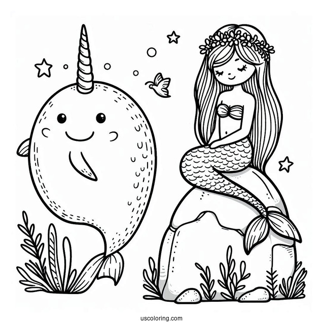 Narwhal Coloring Page And Mermaid Perched On A Rock For Kids