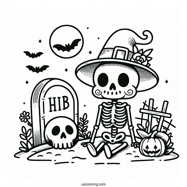 Cute Skeleton Coloring Page In Hat Sitting On Tombstone Halloween