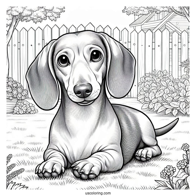 Realistic Dachshund Coloring Page In The Backyard