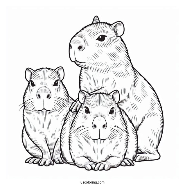 Three Capybara Coloring Page Piled On Top Of Each Other For Preschoolers