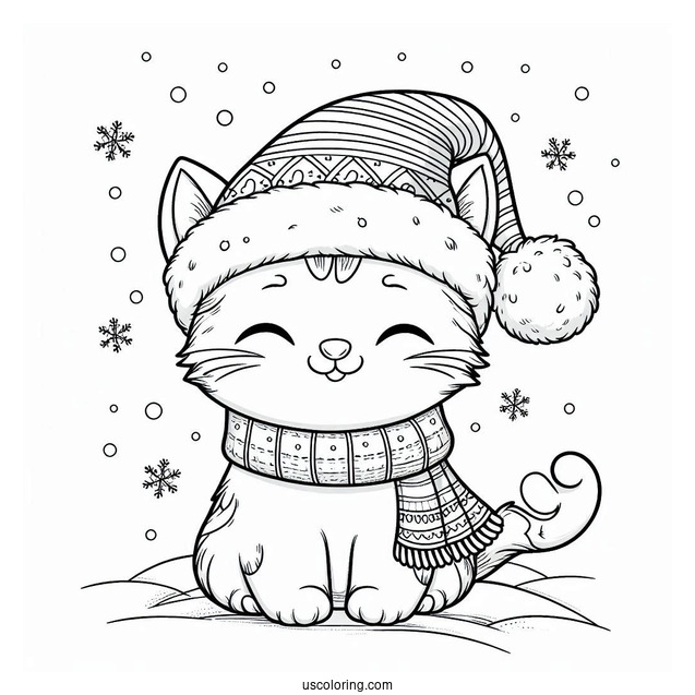 Cute Cat Wearing Santa Hat On Snowy Day