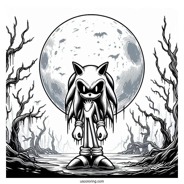 Creepy Sonic Exe Coloring Page With Dead Trees And Full Moon In Background