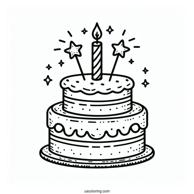 Simple Cake With Star Toppers And Candle Coloring Page