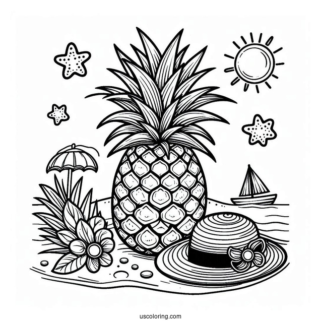 Summer Pineapple Coloring Page With Hat and Coconuts