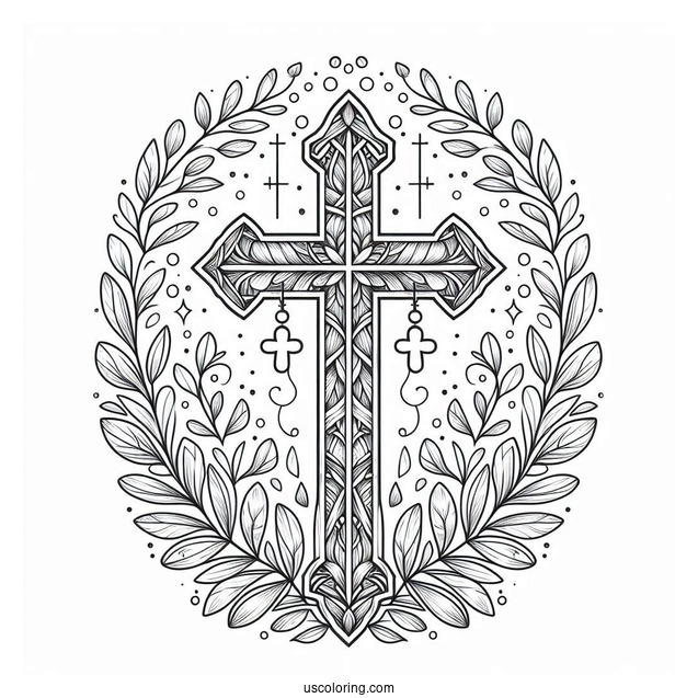 Fantasy Cross Coloring Page Framed With Lovely Leaves