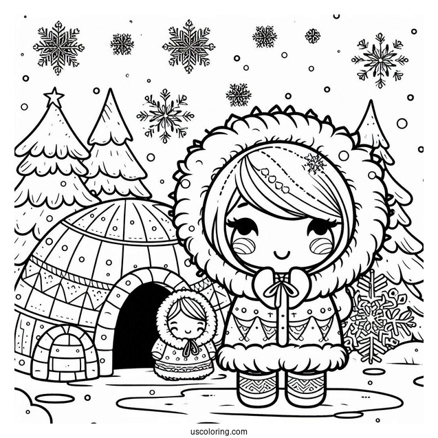 Snowflake Coloring Page Falling On Cartoon Eskimo Family And Igloo