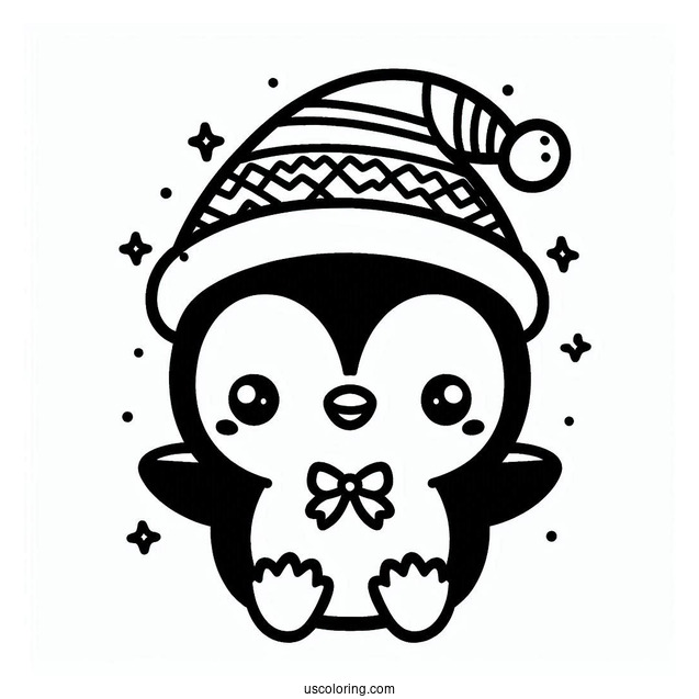 Kawaii Penguin Christmas Coloring Page