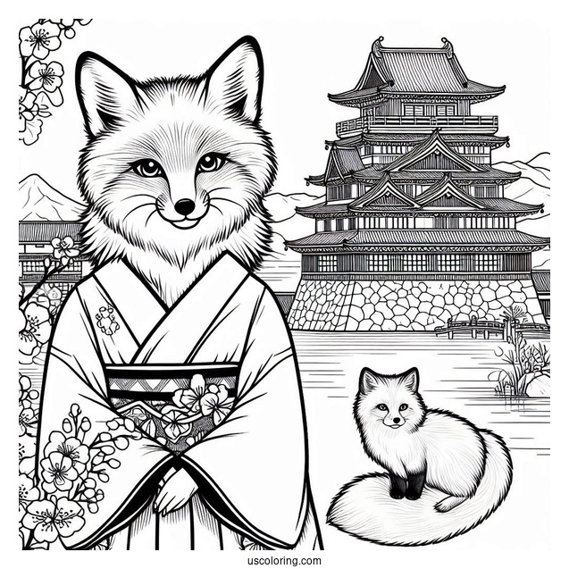 Fox Coloring Page in Kimono In Front Of Japanese Castle