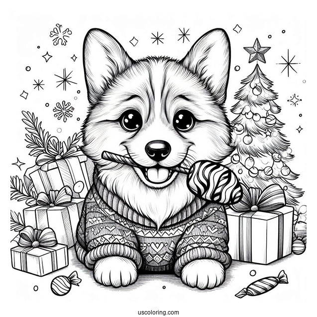 Christmas Coloring Pages For Adults Of Cute Corgi In Sweater Biting A Treat Christmas Coloring Page
