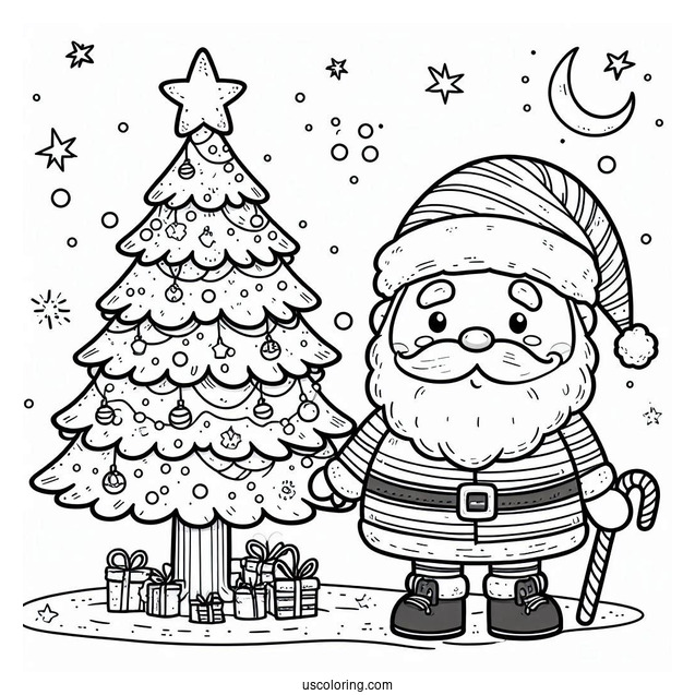 Santa Claus With Christmas Tree Coloring Page