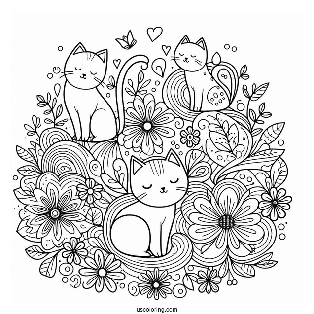 Cats And Flowers Pattern Coloring Page
