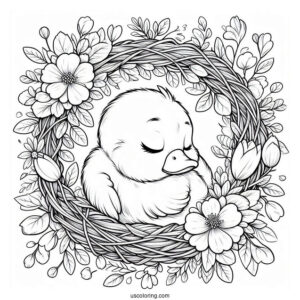 Sleeping Duckling Inside A Flower Wreath