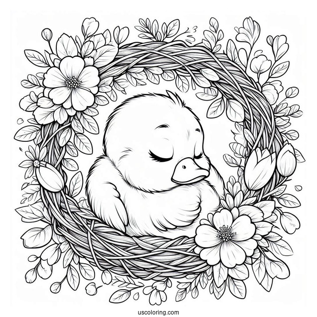 Sleeping Duckling Inside A Flower Wreath
