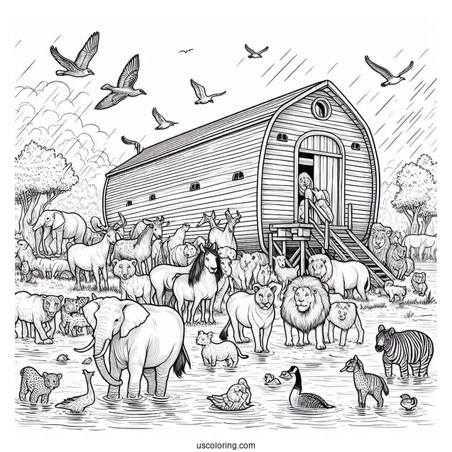 Noah's Ark Coloring Page Of Realistic Animals Outside The Ark After The Flood