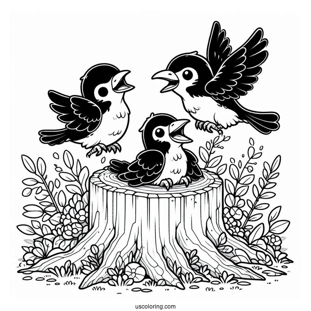 Three Chibi Raven Coloring Page Living Inside A Tree Stump For Kids