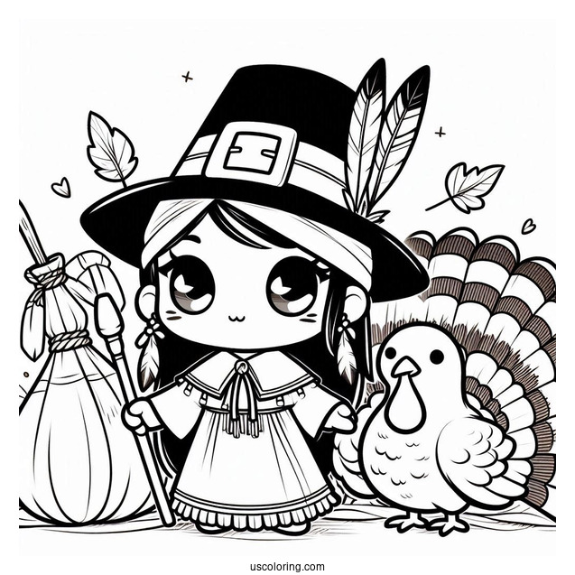 Chibi Pilgrim Coloring Page With Native Americans And A Turkey