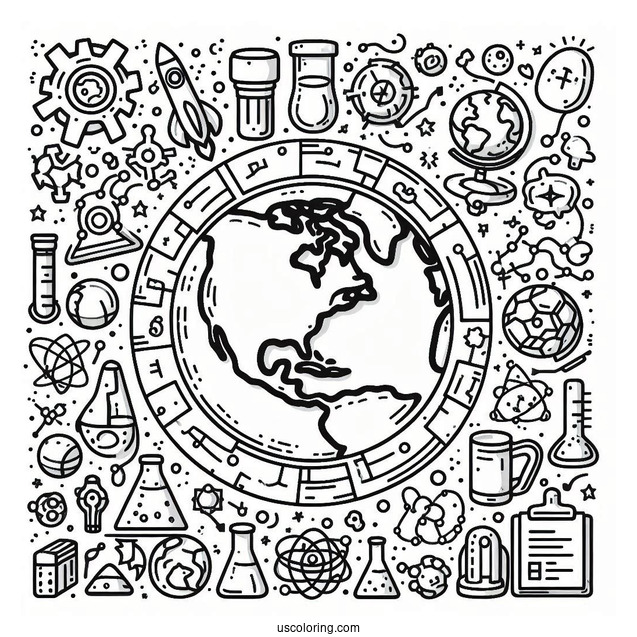 Easy Earth Surrounded By Science Coloring Page And Technology