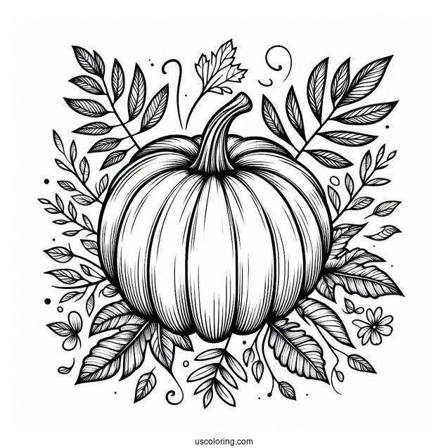 Top Of A Pumpkin Coloring Page Surrounded By Fall Leaves