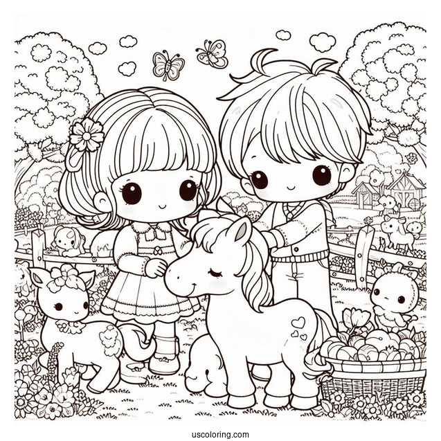 Precious Moments Coloring Page Of Girl And Boy With Farm Animals