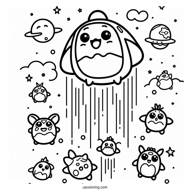 Tamagotchi Coloring Page Of Mametchi, Tomomi, And The Other Extraterrestrials Falling From The Sky
