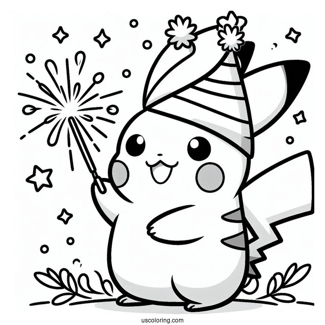 Pikachu With A Party Hat And Sparklers On The New Year Coloring Page For Preschoolers