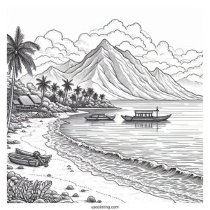 Realistic Beach Coloring Page With Mountain View