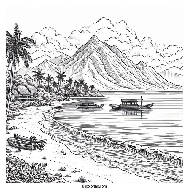 Realistic Beach Coloring Page With Mountain View