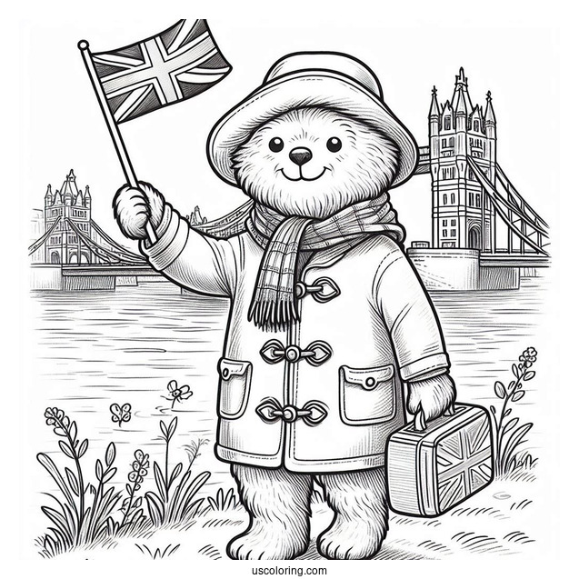 Cute Paddington Coloring Page Bear Waving The British Flag In Front Of London Bridge