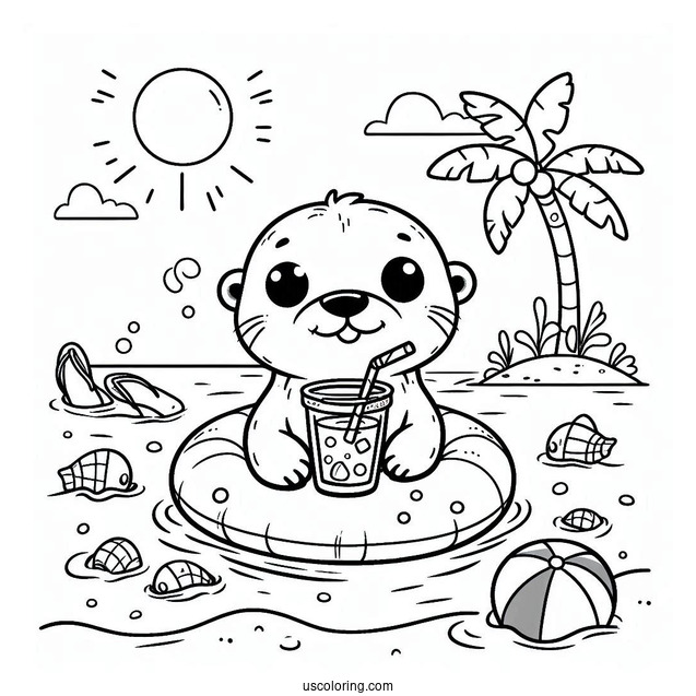 Cute Otter Coloring Page In Floater Drinking Iced Tea At Beach