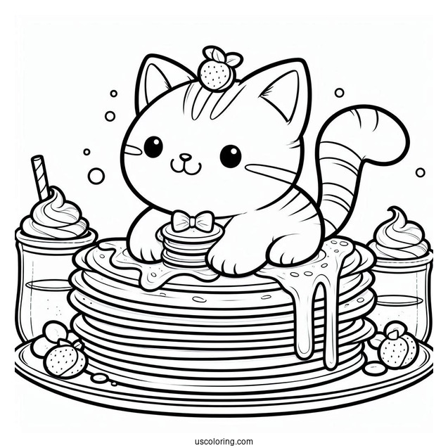 Cartoon Cat Pancake Coloring Page Tower On A Plate