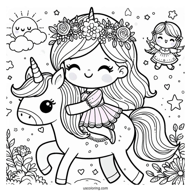 Cute Coloring Page Little Girl Riding A Unicorn