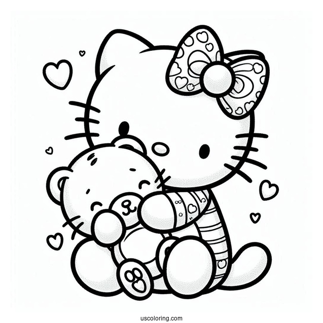 Coloring Page Of Hello Kitty Hugging Teddy Bear