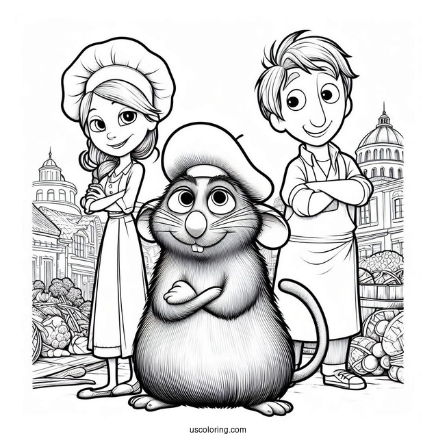 Ratatouille Coloring Page Standing On Alfredo s Head With Colette And Skinner In The Background