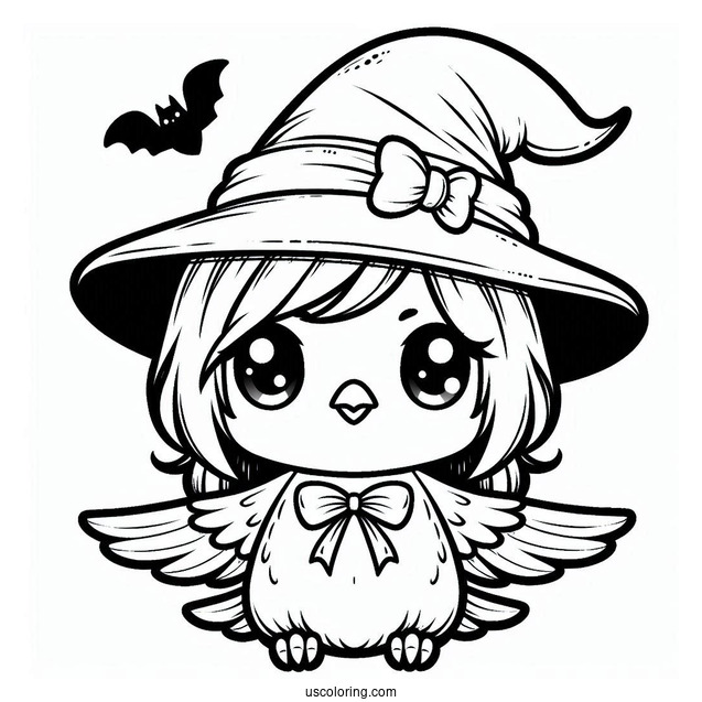 Chibi Raven Coloring Page Wearing A Witch's Hat For Kids