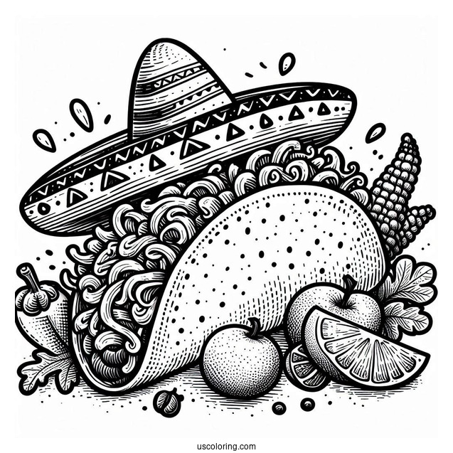 Detailed Taco Coloring Page With Sombrero On Top