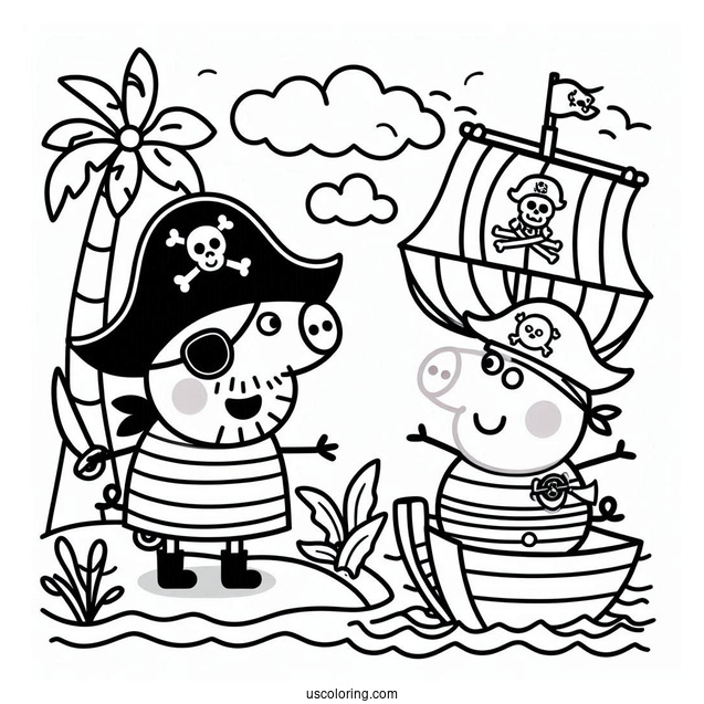 Peppa Pig Playing Pirates With Friend Coloring Page