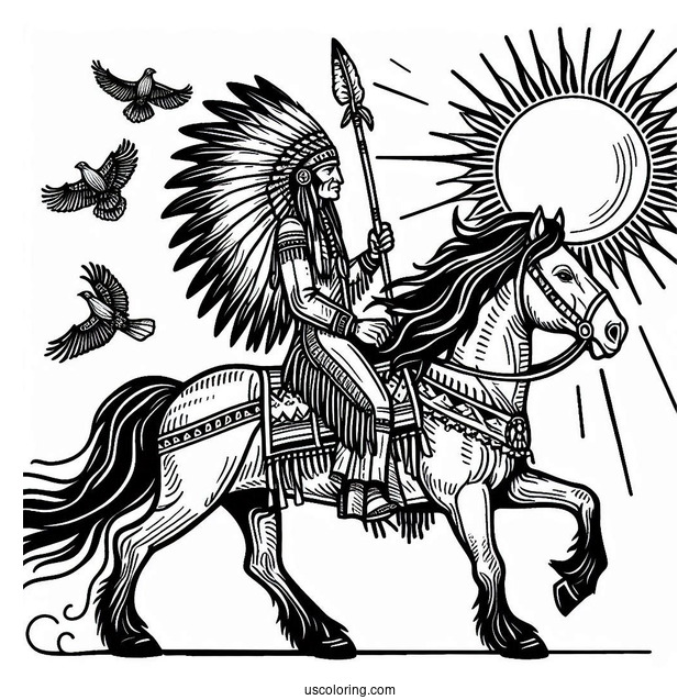 Native American Coloring Page Chief Riding Horse With Sun In The Background
