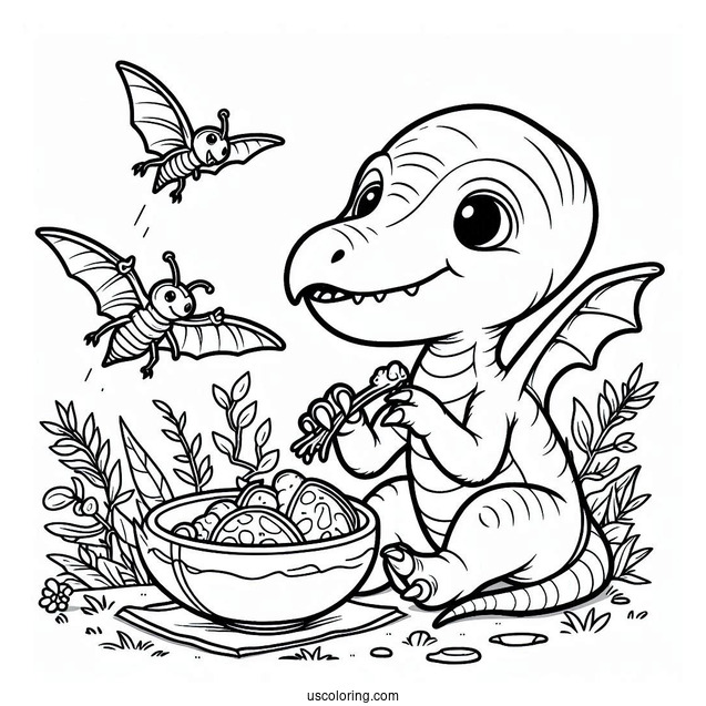 Baby Pterodactyl Coloring Page Eating Bug