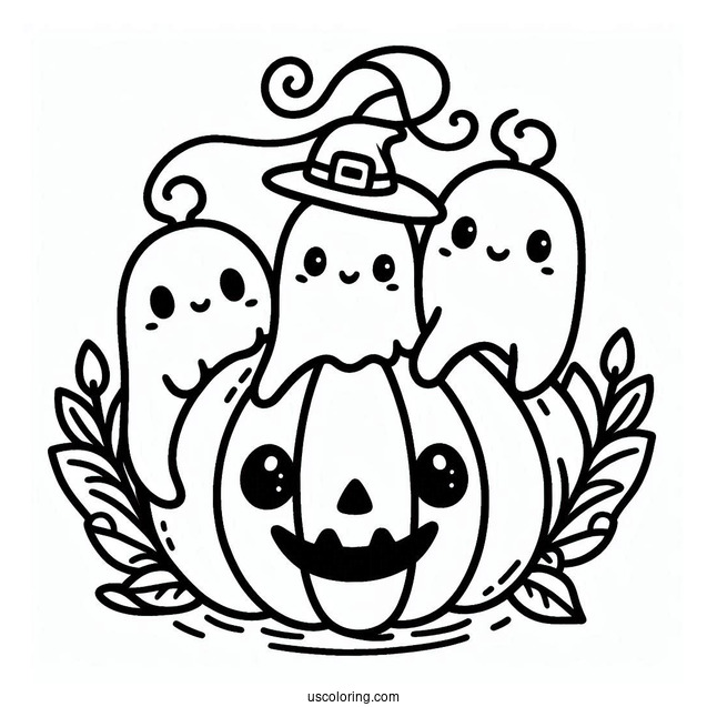 Cute Ghosts Coming Out Of A Pumpkin Coloring Page For Kids