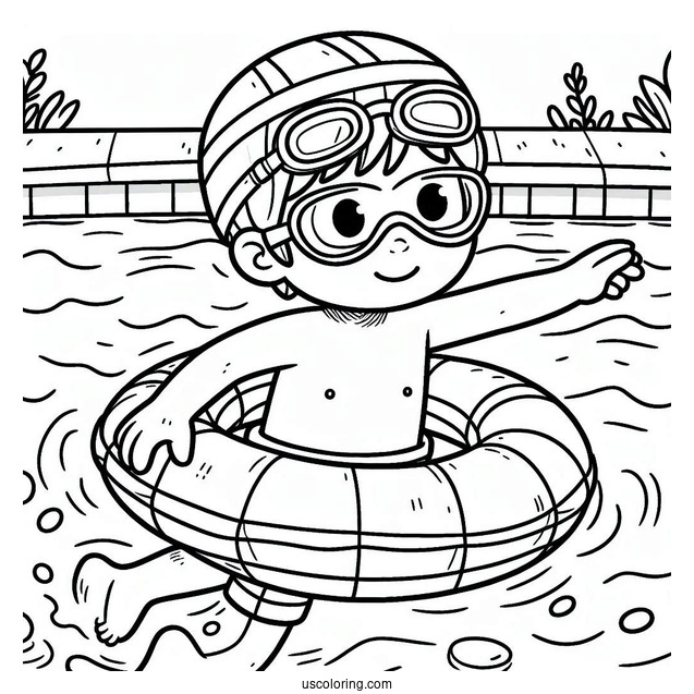 Swimming Coloring Page Of Boy Wearing Goggles And Pool Float For Preschoolers