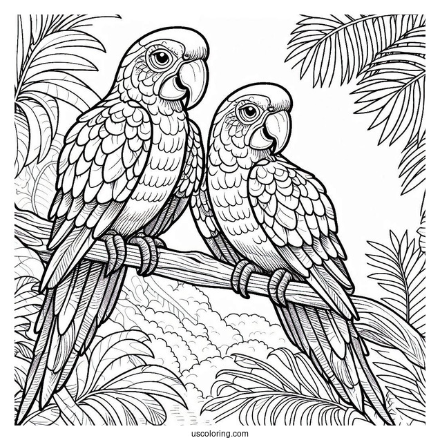 Two Macau Parrots In The Jungle Coloring Page