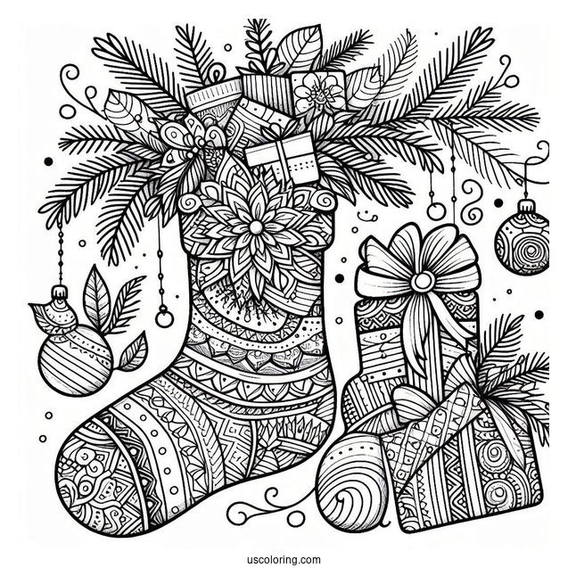 Christmas Coloring Pages For Adults Of Intricate Christmas Stocking Zentangle With Presents Inside